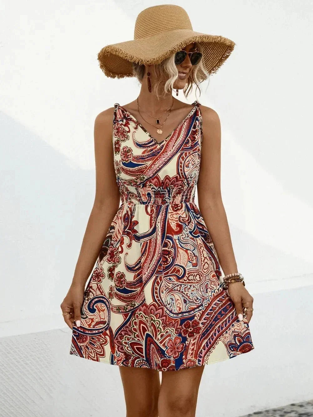 Smocked Printed V - Neck Mini Dress - VILLA FASHION